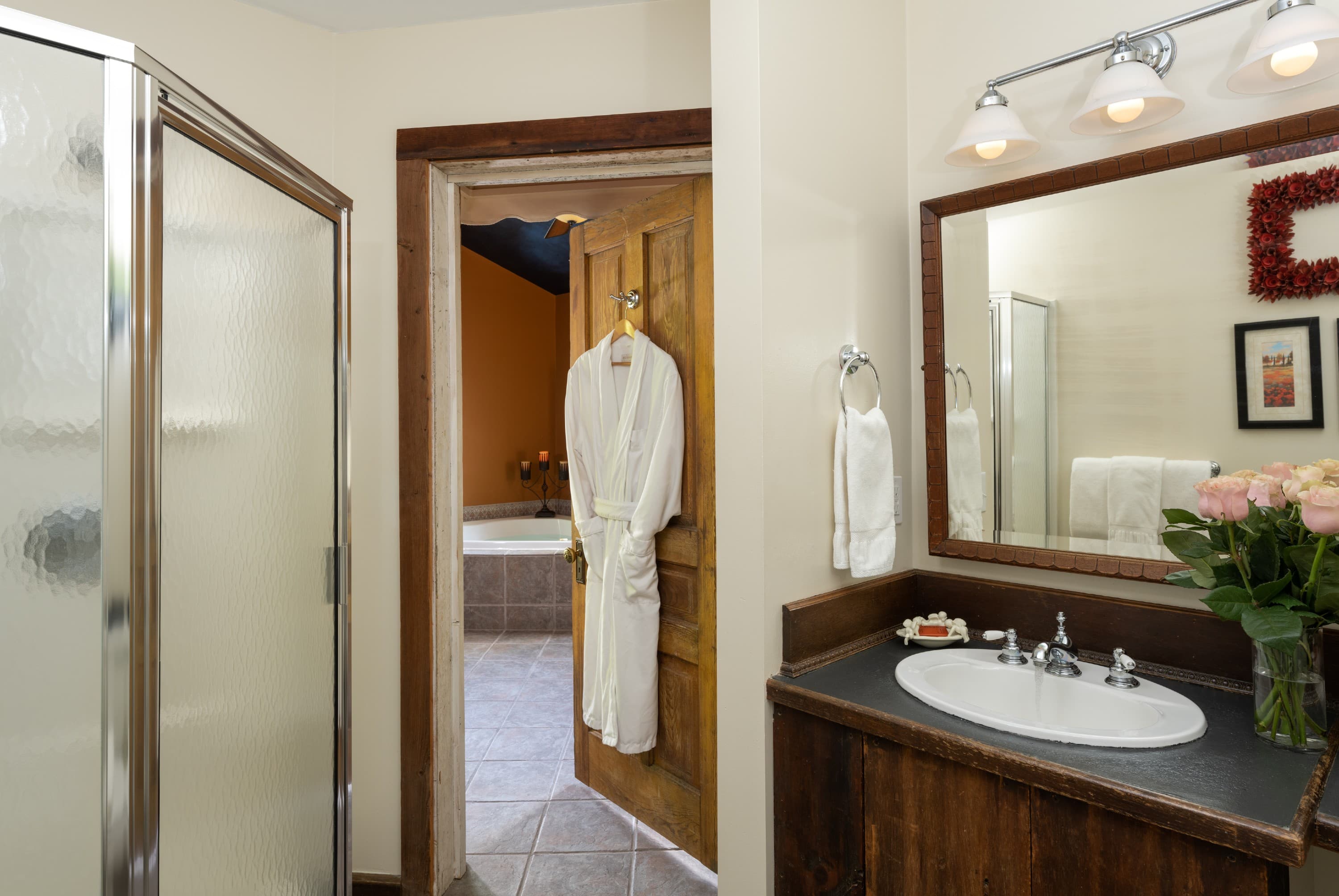 Suite with 2 person jetted tub, fireplace, coffee station