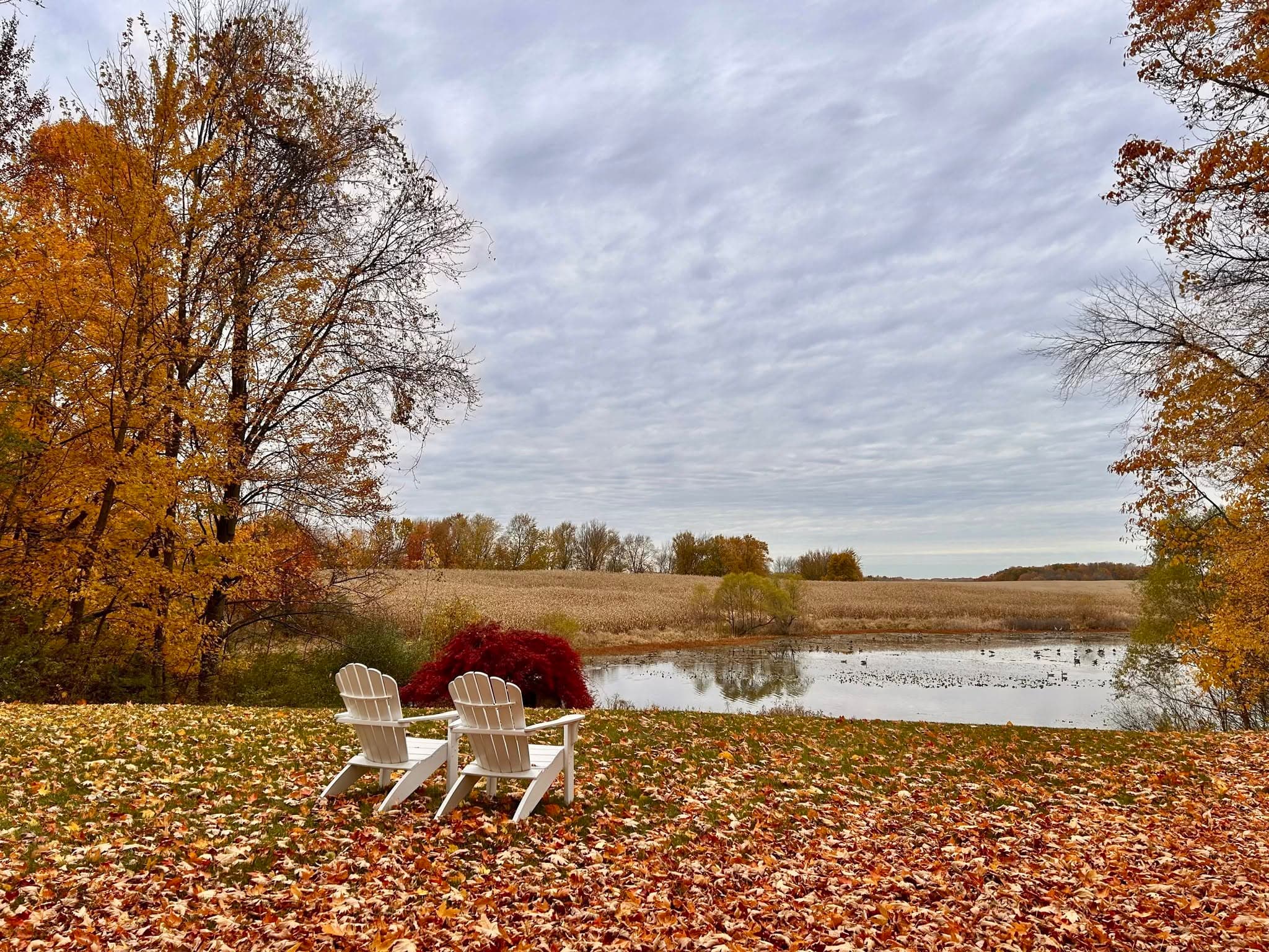 Two white Adirondack chairs sit beside a lake surrounded by fall foliage and cloudy skies.