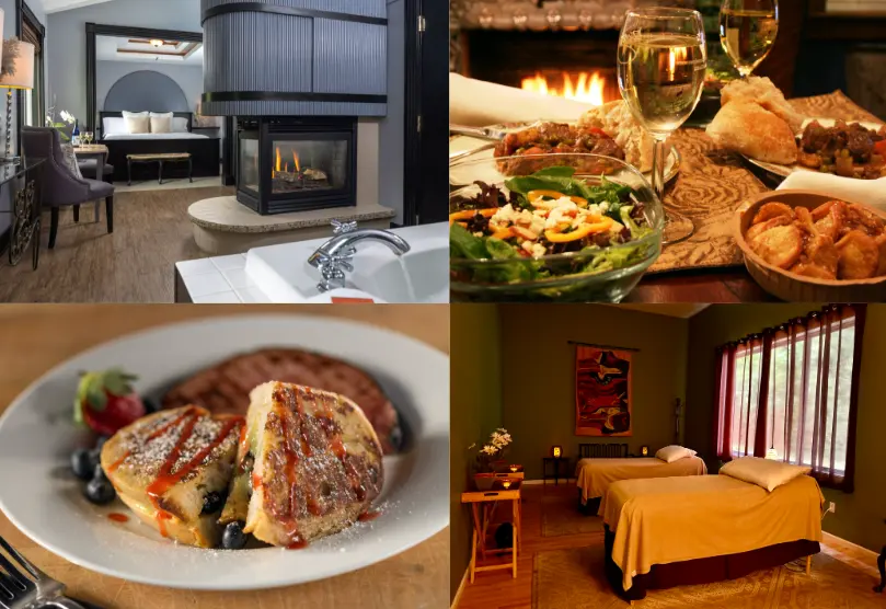 A collage featuring a cozy room with a fireplace, gourmet meals, a dessert plate, and a tranquil massage setting.