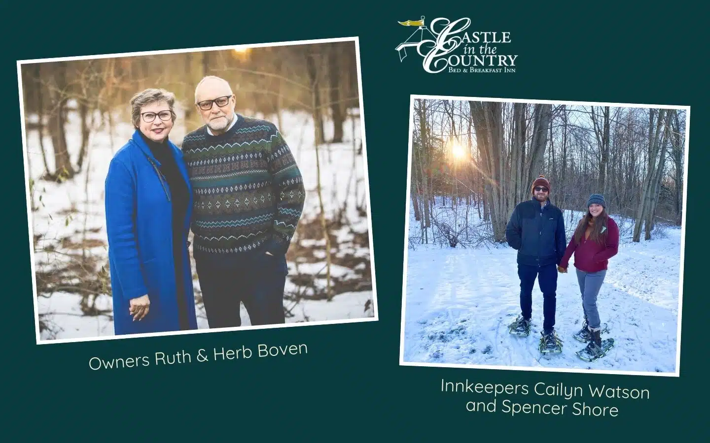 Two pairs of people are featured, with Ruth and Herb Boven on the left and Cailyn Watson and Spencer Shore on the right, showcasing the owners and innkeepers of a bed and breakfast.