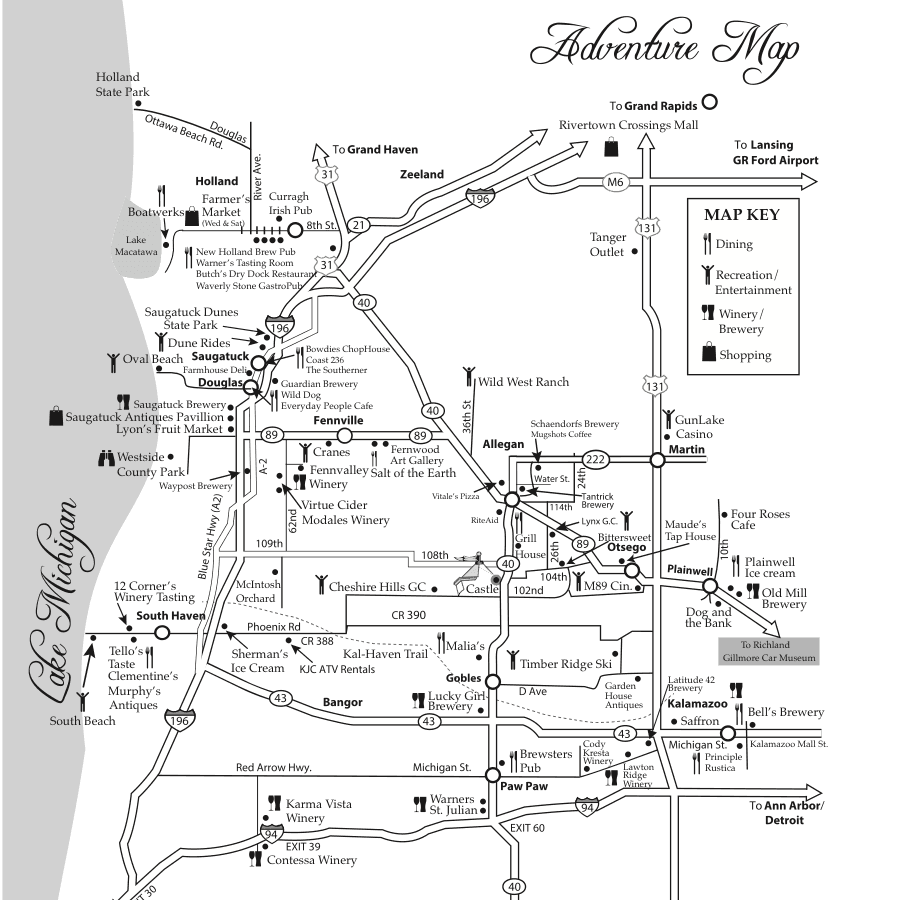 A black-and-white adventure map displaying various routes, dining, shopping, and recreational points in the surrounding area.