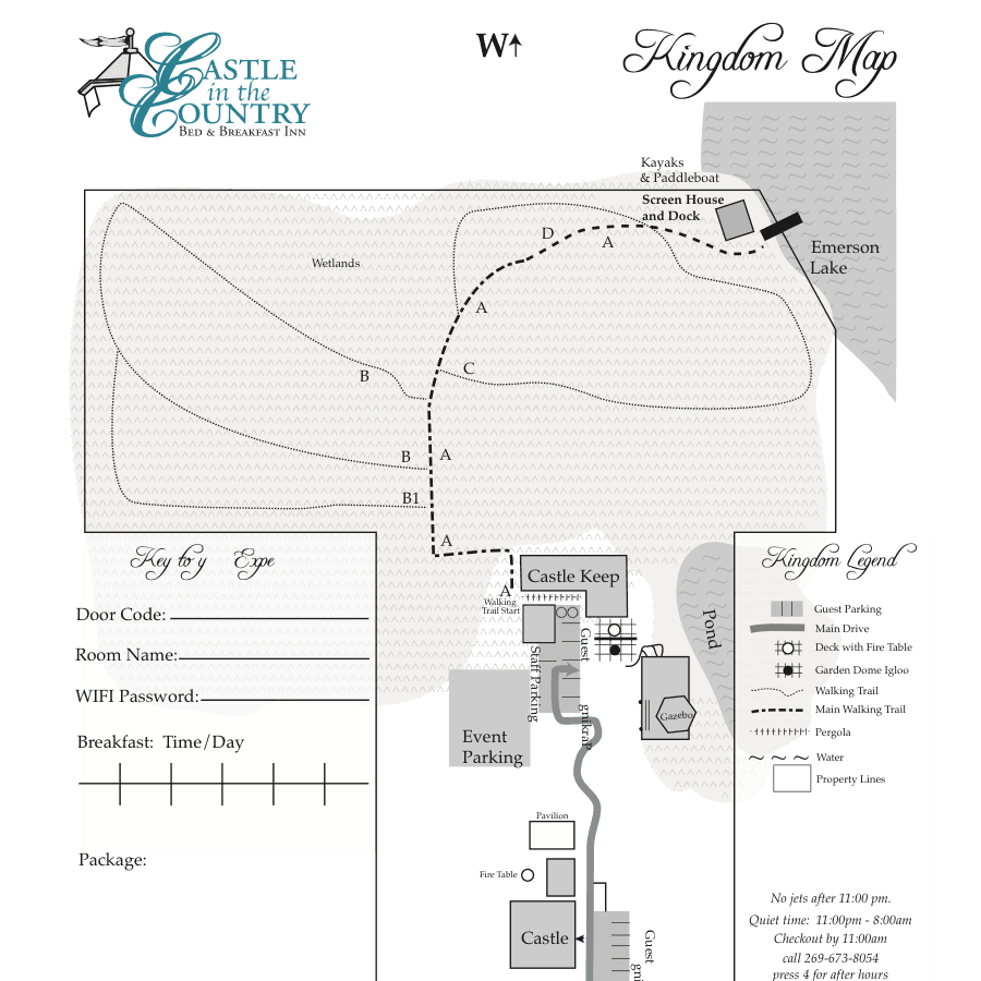 A detailed map of "Castle in the Country" showing the layout of the grounds including key landmarks and amenities.