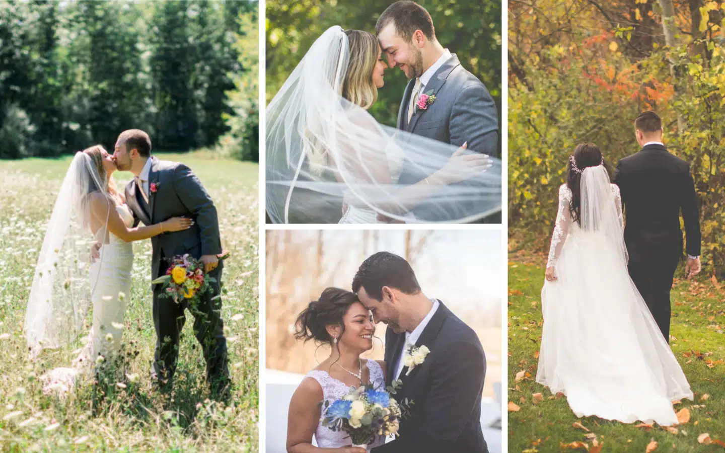A collage of four wedding photos featuring couples embracing, sharing intimate moments, and walking together.