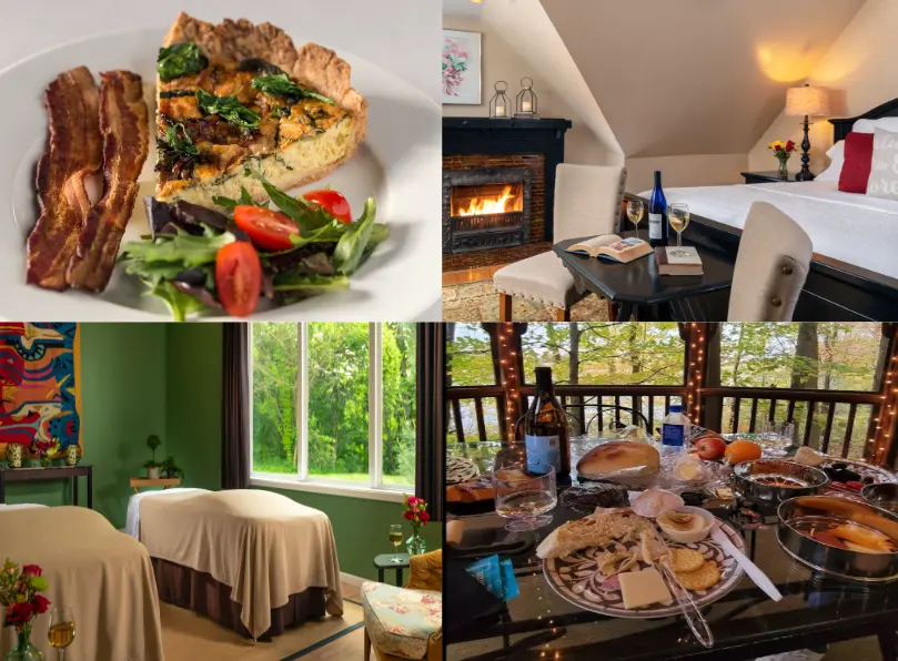 A collage featuring a gourmet meal, a cozy bedroom with a fireplace, a tranquil spa setting, and a festive dining arrangement with wine and food.