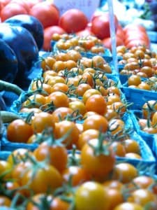 A close-up of small, yellow cherry tomatoes in blue baskets at a market.