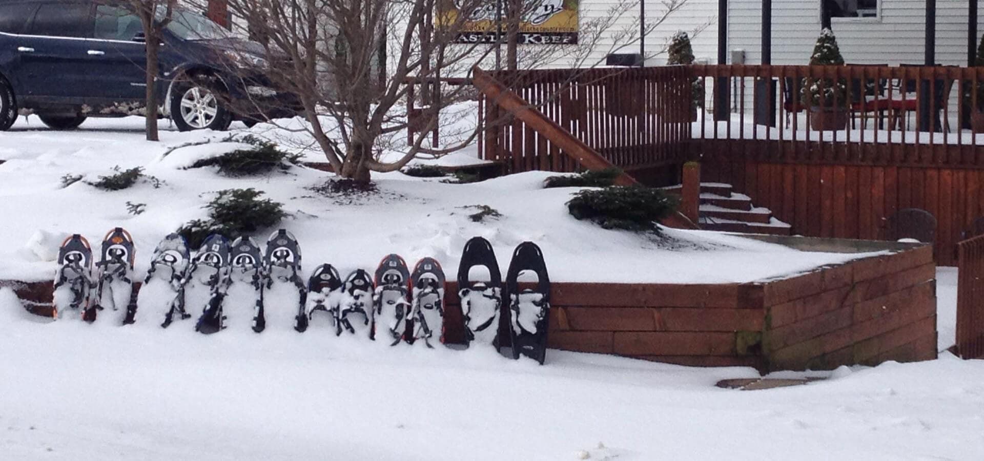 A row of snowshoes sits in the snow along a wooden railing and steps.