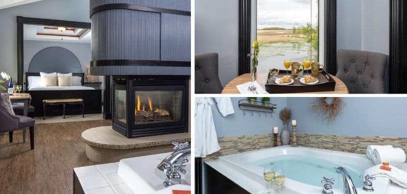 A luxurious hotel suite featuring a cozy fireplace, elegant furnishings, and a relaxing bathroom with a hot tub.