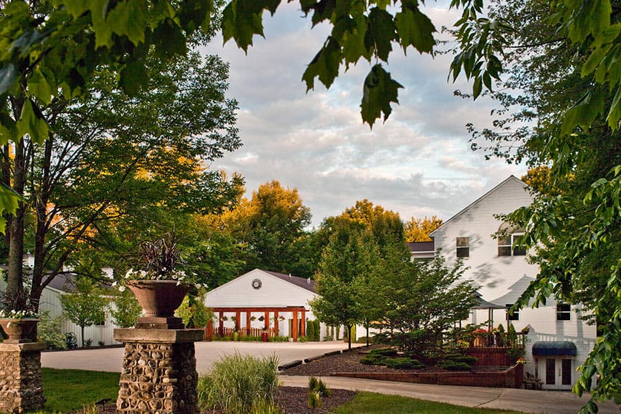 A serene view of a landscaped residential area framed by trees and clouds.
