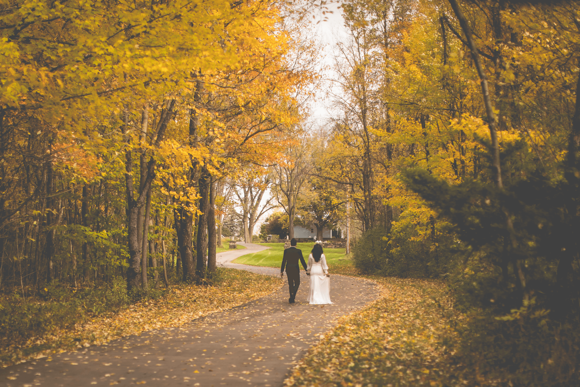 A couple in formal attire walks hand in hand down a tree-lined path covered in autumn leaves.