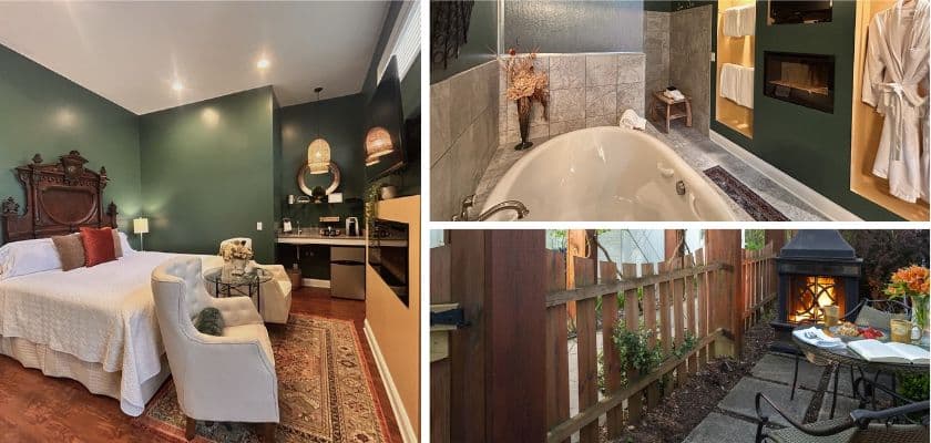 Camelot Suites antique bed, jetted tub with fireplace, and private patio at Castle in the Country.