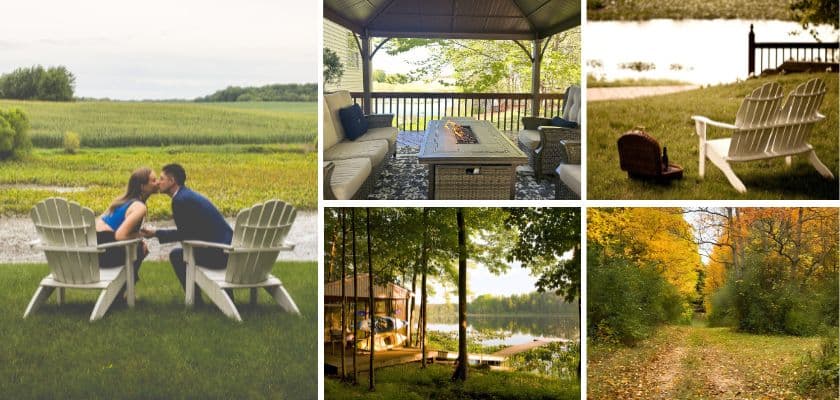 A collage of serene outdoor scenes featuring a couple kissing by a lake, a cozy gazebo, and peaceful pathways through lush greenery and autumn colors.