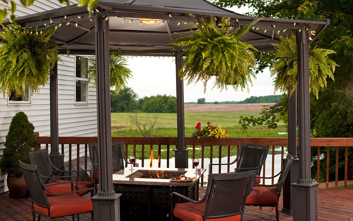 Exterior with gazebo and firepit