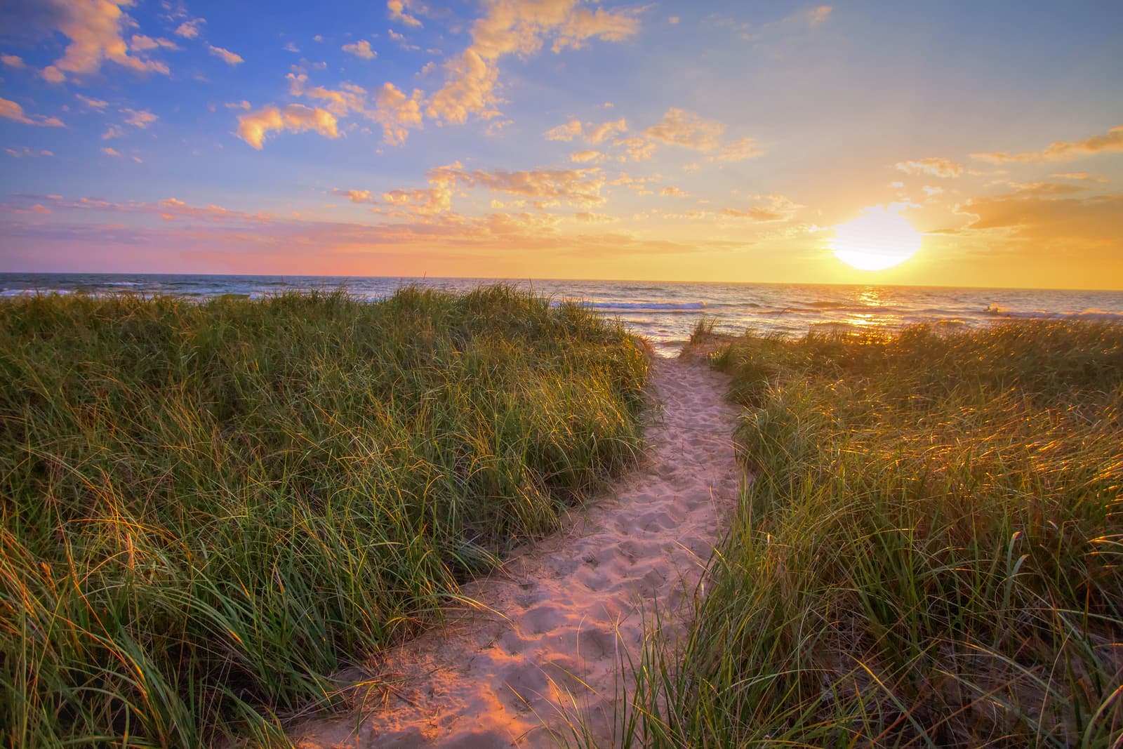path to a sunset beach. winding trail through dune grass leads to a sunset beach on the coast of the inland sea of lake michigan. hoffmaster state park. muskegon, michigan. path to a sunset beach. winding trail through dune grass leads to a sunset beach on the coast of the inland sea of lake michigan. hoffmaster state park. muskegon, michigan.