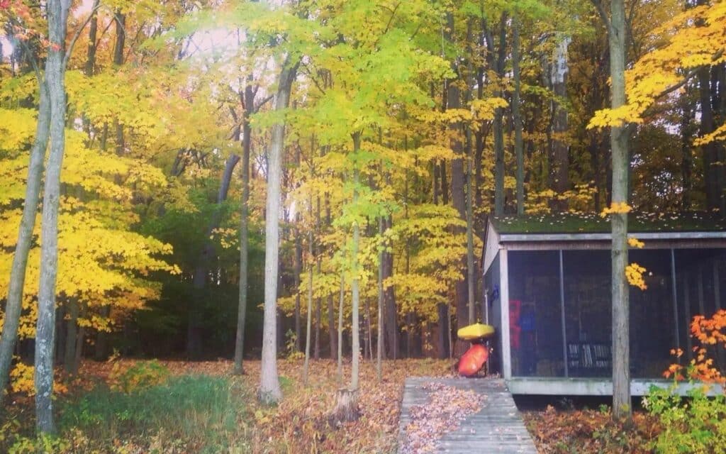 The screen house with kayaks stored on the side surrounded by fall foliage.