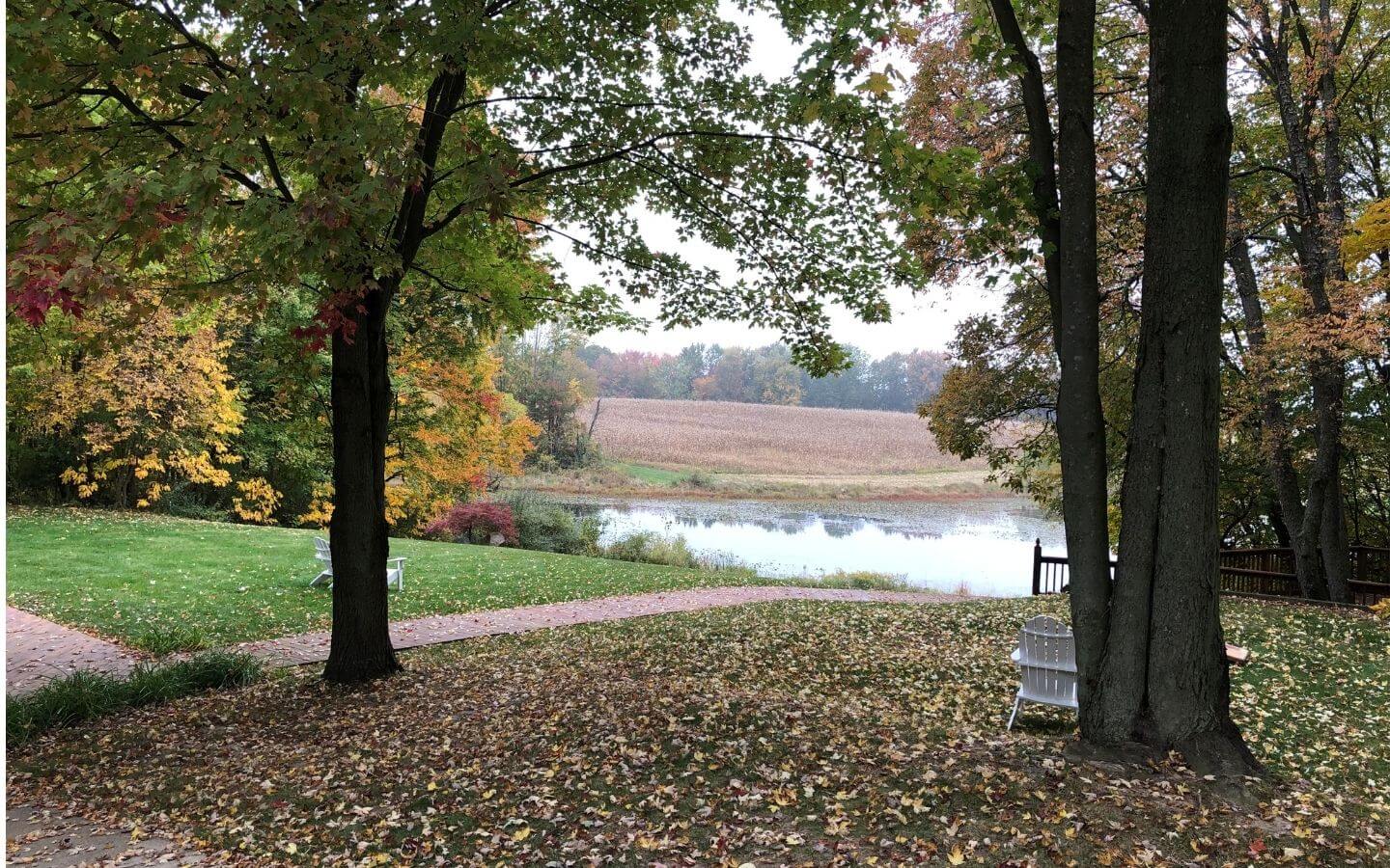 Beautiful view of the lake through the trees in the fall at The Castle