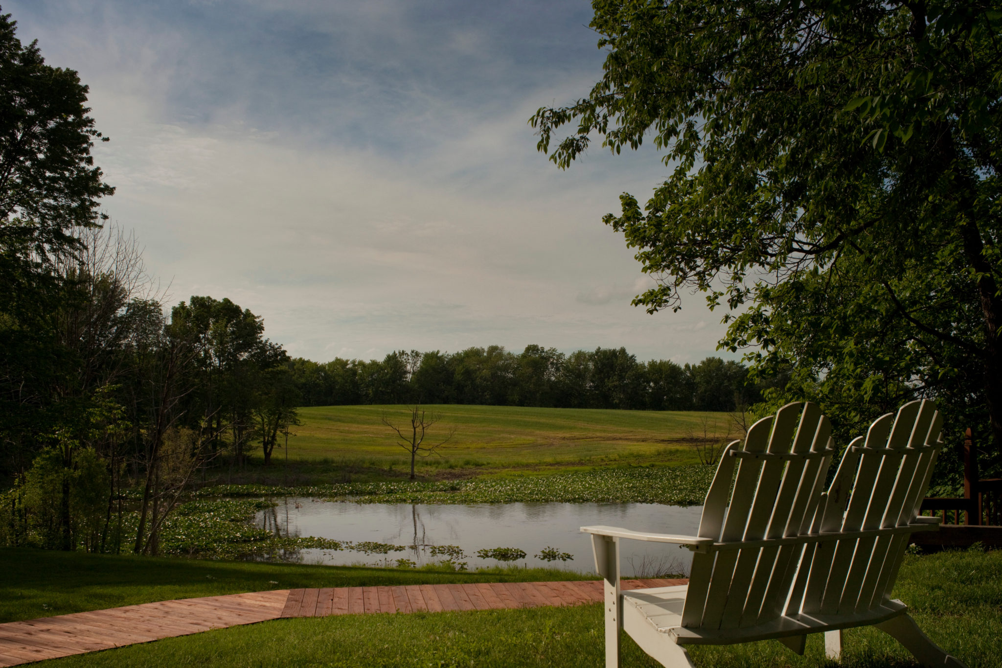 Adirondack chairs overlooking the pond