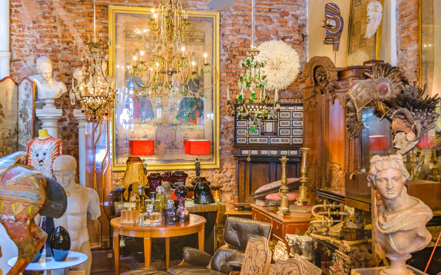 A bright antique shop displays a number of unique items